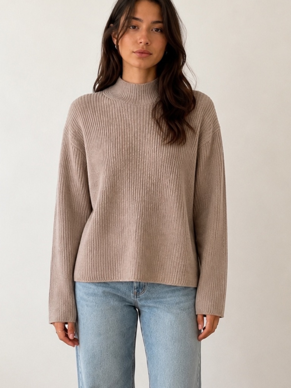 GAP Taupe Ribbed Mock Neck Sweater Relaxed Cotton Knit XS